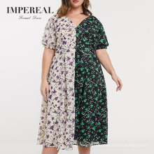 Whloesale V Neck Cross Back Mixed Floral Prints Casual Midi Plus Size Dress